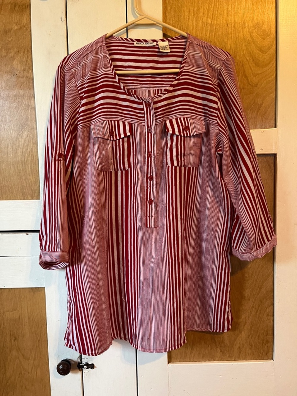 Rebecca Malone Red and White Striped Button Front Blouse